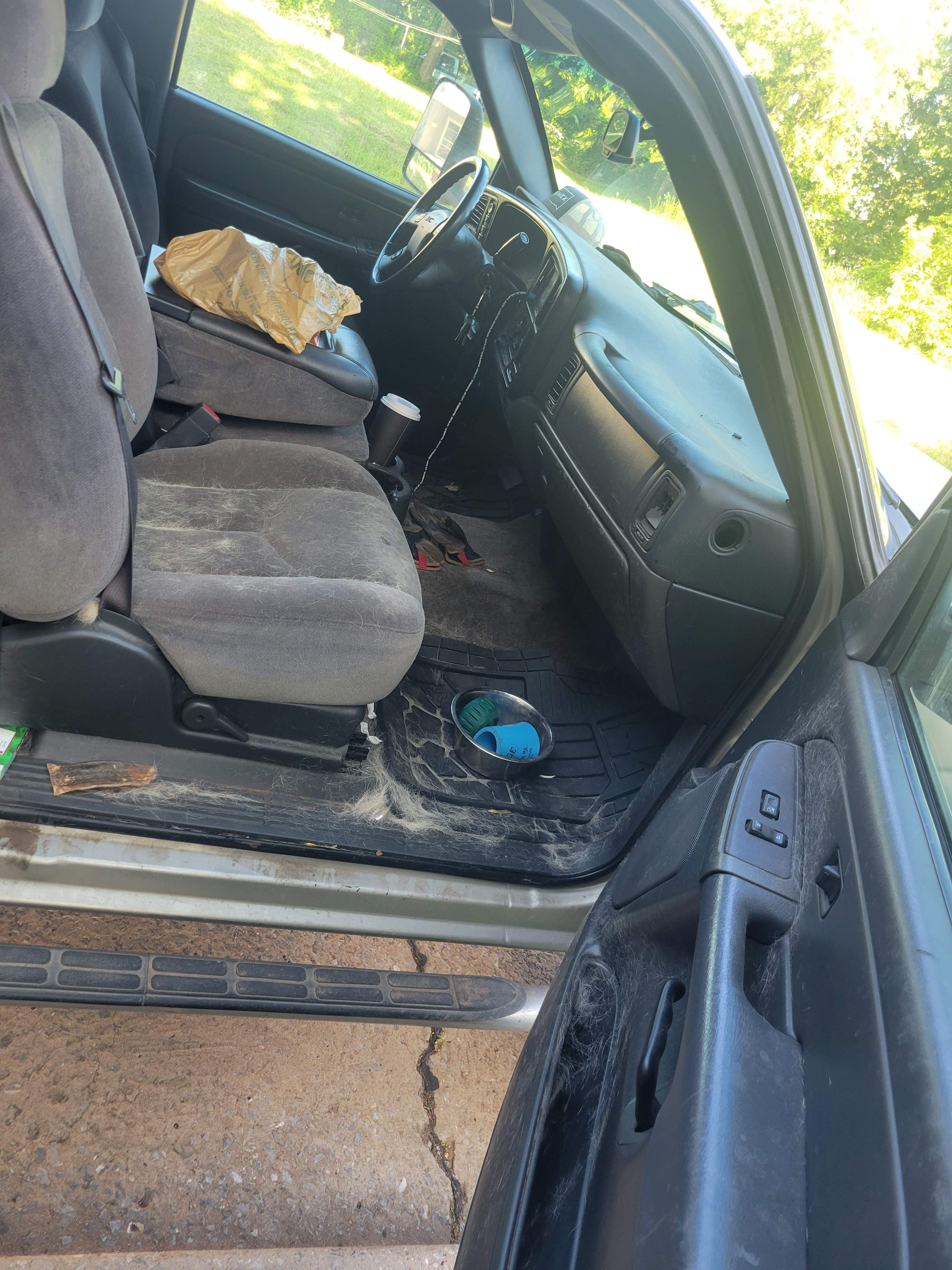 Truck interior with significant pet hair before detailing