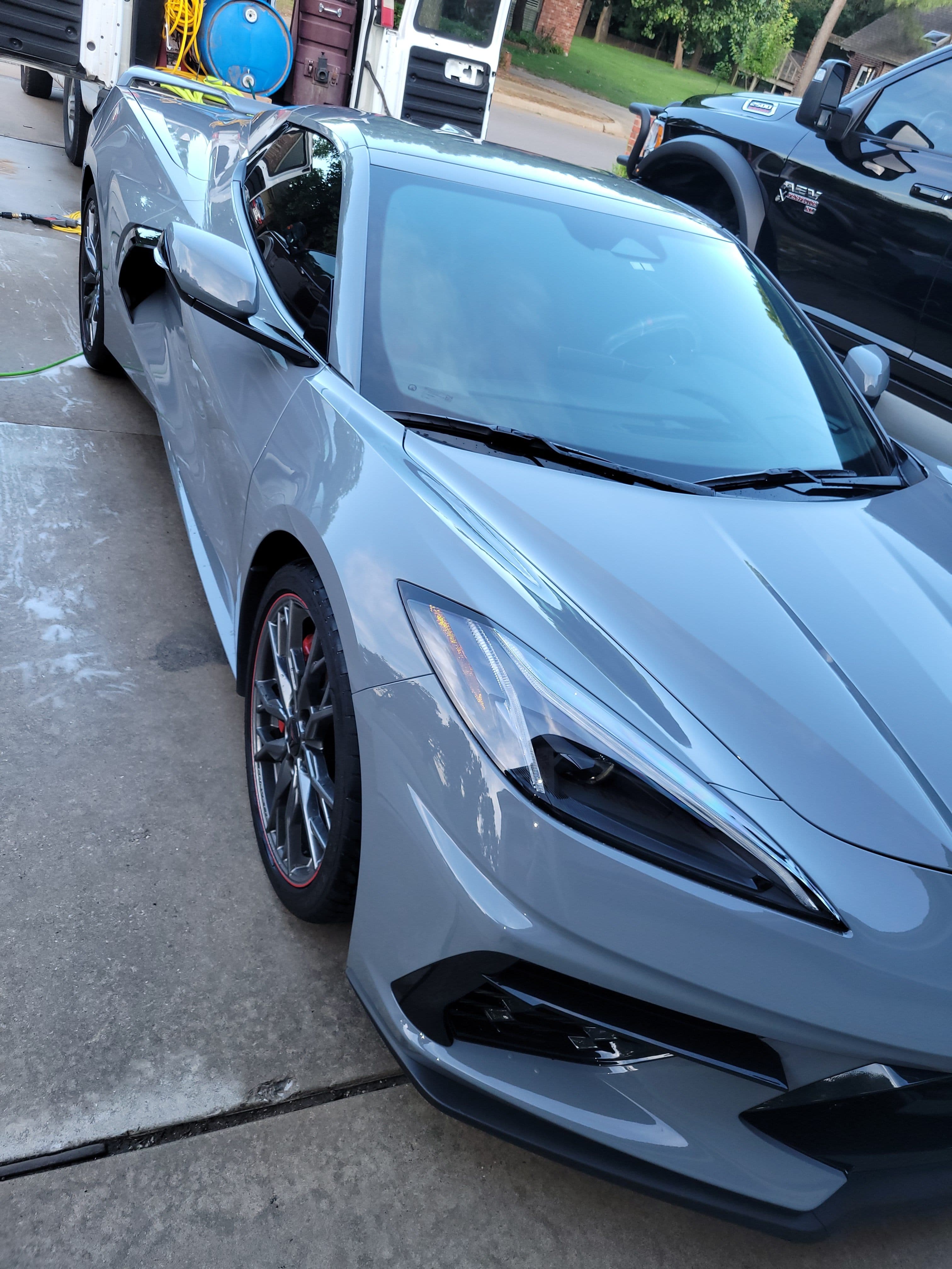 Grey Corvette C8 during a mobile car detailing session in Edmond